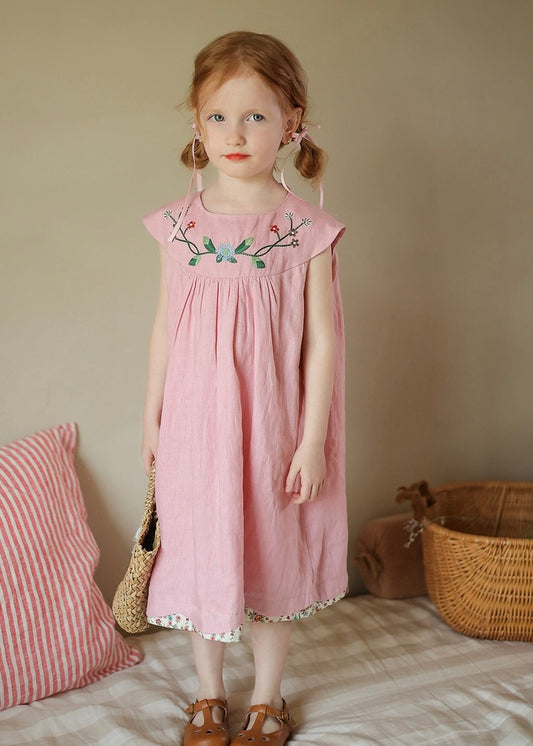 Embroidered Linen Dress｜Pink