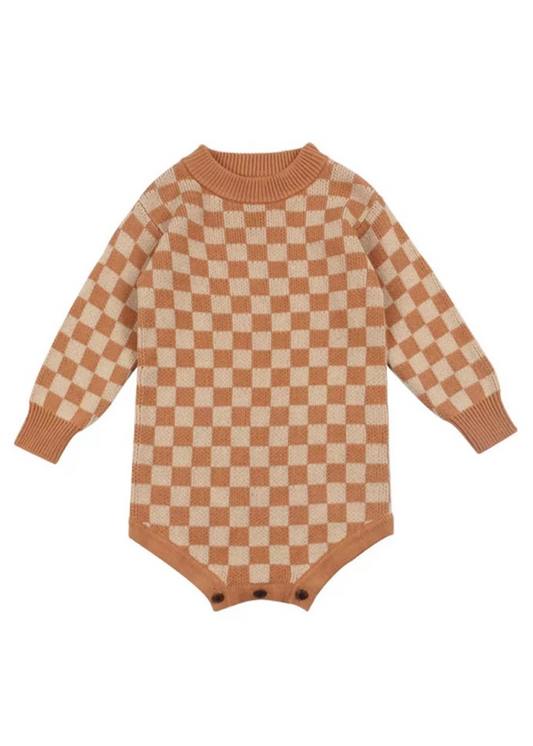 Vintage Check Knit Jumpsuit｜Orange